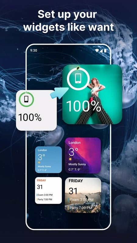 color-widgets-mod-apk-3 Thiết lập widget phần trăm pin trên màn hình chính điện thoại trong Color Widgets MOD APK