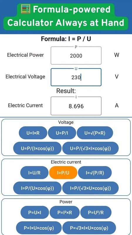 electrician-handbook-wiring-mod-apk-5 Nhiều công thức có thể áp dụng để tính các thông số quan trọng trong Electrician Handbook & Wiring MOD APK