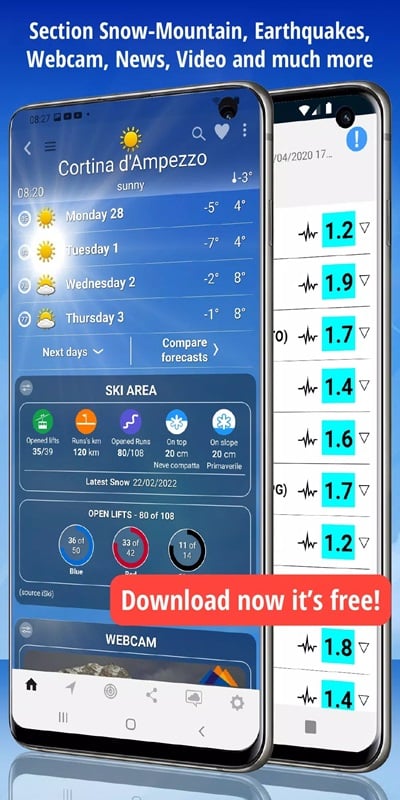 Nắm bắt thêm một số thông tin về động đất, núi tuyết bằng radar trong iLMeteo MOD APK