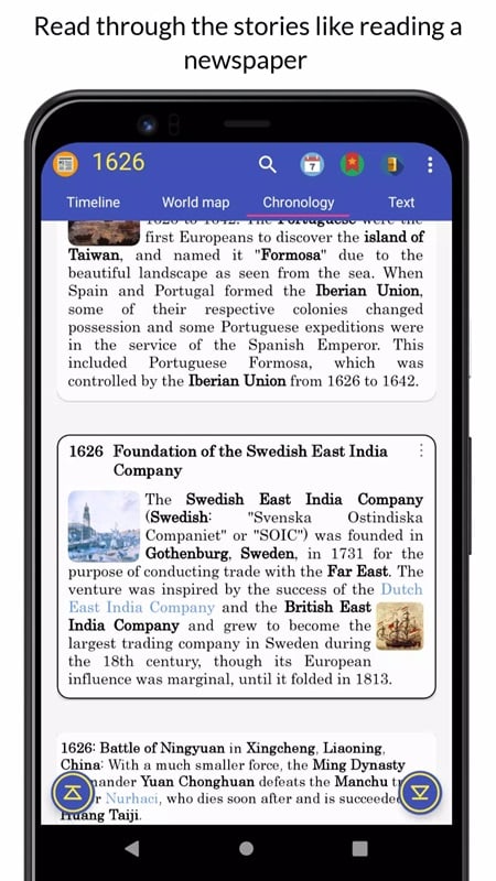 Tìm hiểu các sự kiện lịch sử niên đại như những trang báo trong World History Atlas MOD APK