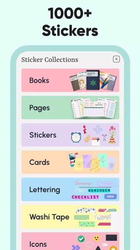 daily-planner-and-journal-mod-apk-3 Hơn 1000 nhãn dán độc đáo, phù hợp với nhiều mẫu kế hoạch để bạn lựa chọn trong Daily Planner and Journal MOD APK