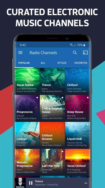 Nhiều thể loại âm nhạc điện tử được tuyển chọn cẩn thận trong DI.FM Electronic Music Radio MOD APK