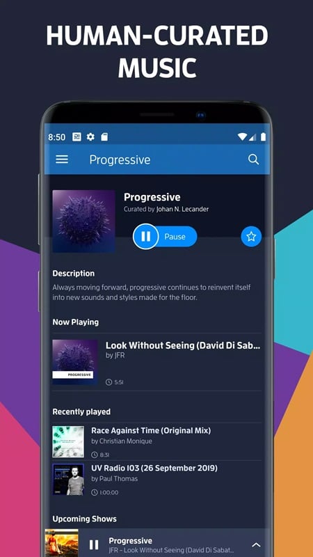 Hiển thị đầy đủ thông tin chi tiết về các bản nhạc và người trình bày trong DI.FM Electronic Music Radio MOD APK