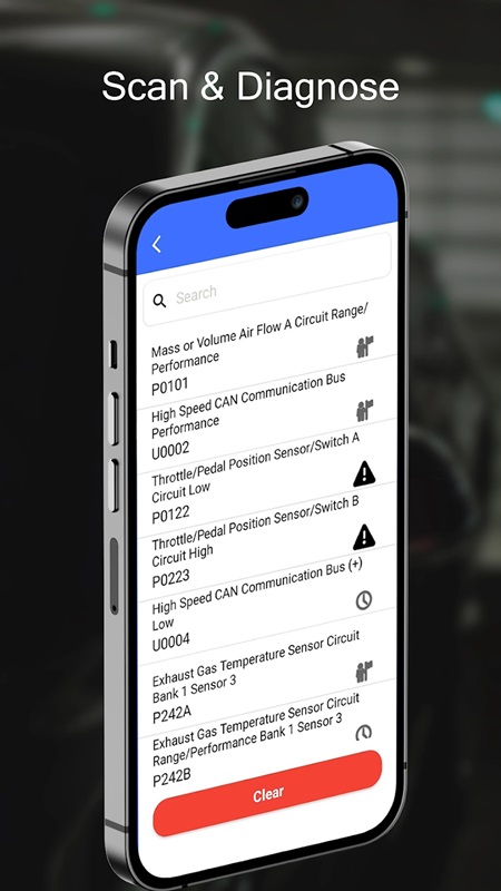 Các lỗi được hiển thị chi tiết với các thông số quan trọng trong OBD2 Bluetooth Car Scanner MOD APK