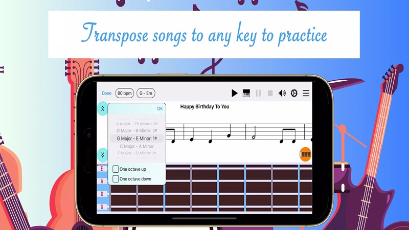 easy-note-learn-music-mod-apk-3 Tự do chuyển bài hát sang nhiều phím khác nhau để luyện tập trong Easy Note: learn music MOD APK