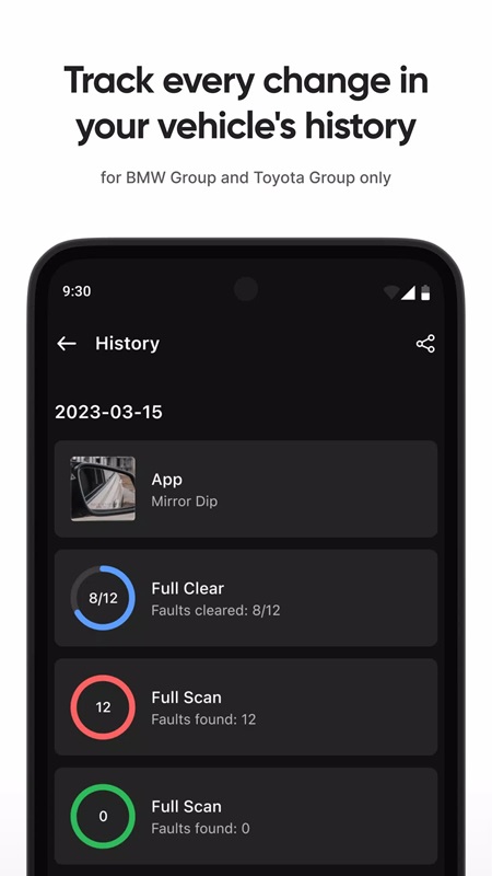 obdeleven-mod-apk-5 Theo dõi mọi thay đổi của xe tại phần lịch sử của bạn trong OBDeleven MOD APK