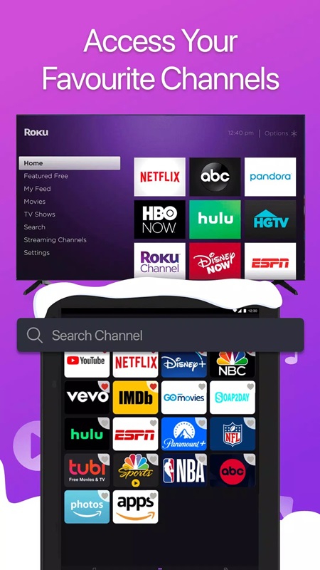 Dễ dàng truy cập và tìm kiếm các kênh yêu thích trong Remote for Roku MOD APK